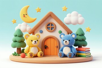 Fototapeta premium Cute plush teddy bears sit near a small house. A smiling moon and stars decorate the sky above green trees and clouds. Books are stacked nearby.