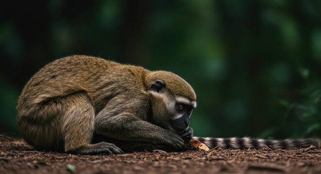 A striking striped-tail primate rests in its native tropical forest environment. This charismatic endangered mammal pauses during daytime foraging, branch, ecosystem, island