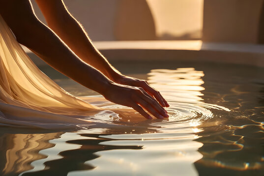 Luxury wellness branding with woman's hands touching water surface ripples in golden sunset pool