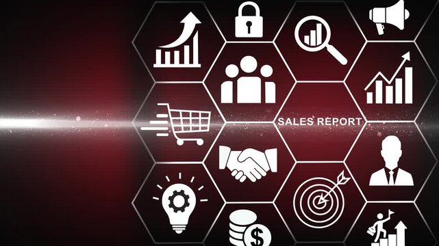 Sales report concept. Data analytics for driving agile decision making, improving process, adjusting the sales strategy. Sales volume, leads, new accounts, revenue- 4k background animation