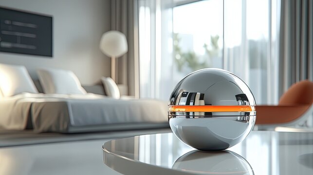 Futuristic Chrome Smart Orb in Modern Bedroom Interior. Generative AI