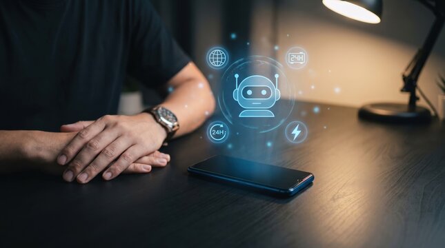 24/7 Cybersecurity Monitoring and Network Protection Concept: Hands with Glowing Smartphone and Holographic Guardian Robot Badge with Status Icons