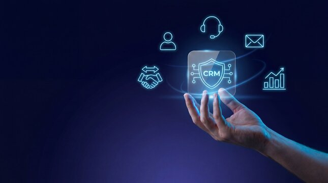 Hand holding glowing CRM system hologram with business icons for customer relationship management, Futuristic digital CRM software concept with data security shield and marketing analytics icons