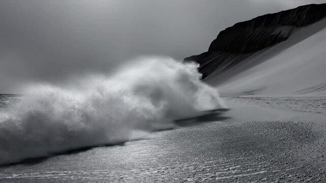 Dramatic monochrome beach scene with waves crashing on shore near a massive rocky mountain with a cloudy, overcast sky