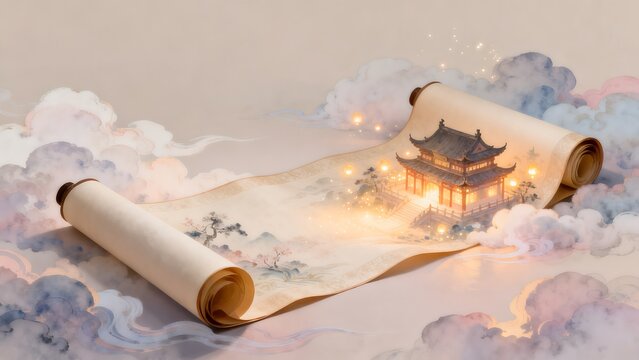 Scroll painting with traditional building and clouds