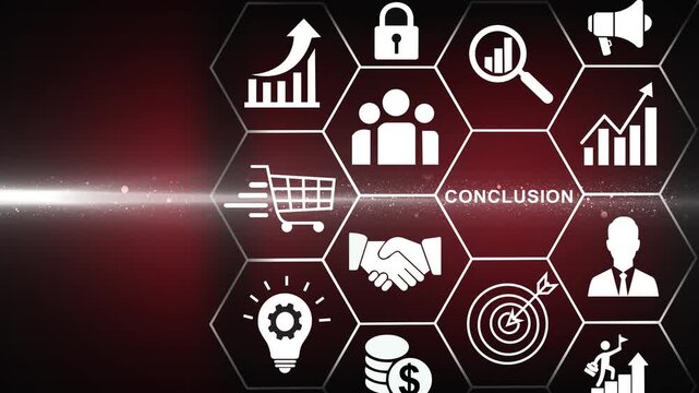 Strategic conclusion and final insight concept. A professional uses a mouse beside a keyboard as a glowing lightbulb and Conclusion icon, symbolizing analysis - 4k black background icon animation