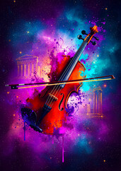 Fototapeta premium a vibrant abstract depiction of a violin with a colorful background and a classical architectural el