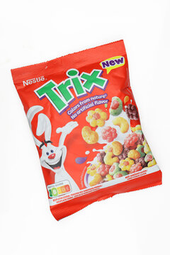 Bag of Nestle Trix cereals isolated on white background