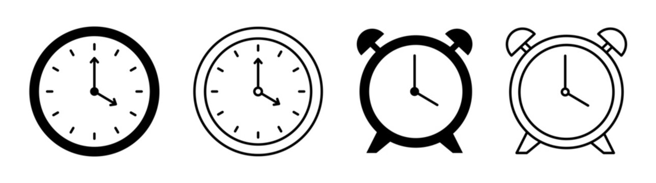 Black and White Clock Timer Alarm Icon Set Vector for Time Management Concepts Modern Watch and Alarm Clock Collection Vector with Outline and Solid Styles