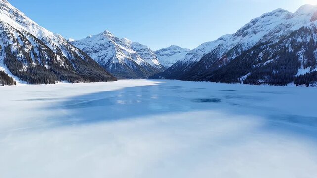 Frozen alpine lake with turquoise ice reflections and snow-covered mountain peaks