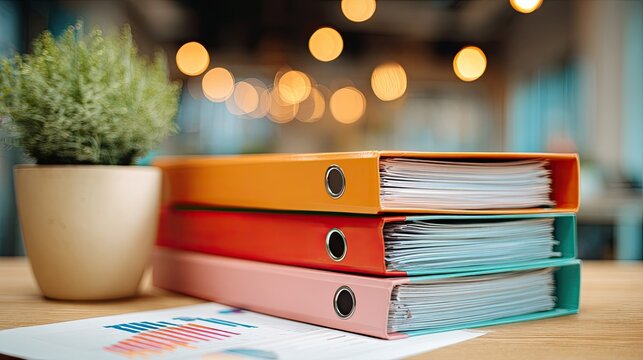 Stacked binders with a plant and chart on a desk