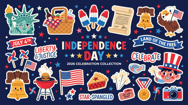 Independence Day 2026 Celebration Collection Sticker Pack Statue of Liberty Bald Eagle Liberty Bell Popsicle Picnic Grill Pie Flag Fireworks Patriotic Kawaii Vector Clipart Set 