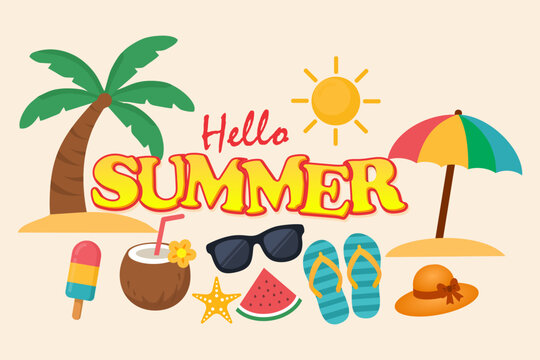 Hello Summer Tropical Beach Elements Flat Vector