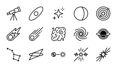 Space Icons Set: Astronomy, Cosmos, Celestial Objects, Galaxy, Stars, Planets, Vector Graphics © Creative Silhouette 