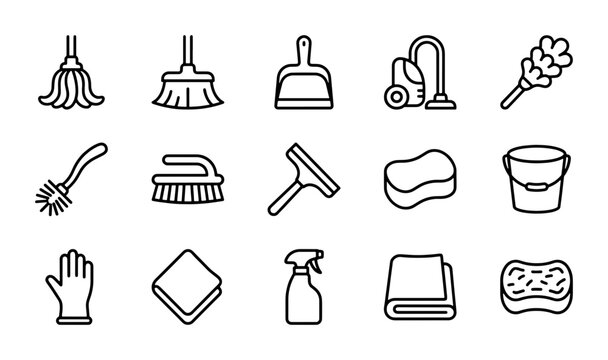 Cleaning Supplies Icons Set, Household Chores Vector Graphics, Mop, Broom, Vacuum, Dusting Tools