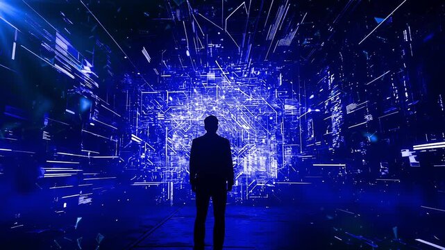 Abstract Technology Big Data Background Concept. Motion Of Digital Data Flow. Transferring Of Big Data Abstract Ai Wavy Digital Technology Lines With Bright Lights And Dark Vo