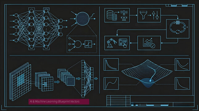 AutoCAD AI and Machine Learning Data Preprocessing Blueprint Technical Drawing Vector Set Multi View Cyan Outline on Black Background