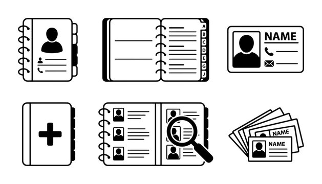 Contact Book Icons, Address Book Graphics, Business Card Set: Organization, Data Management, Networking