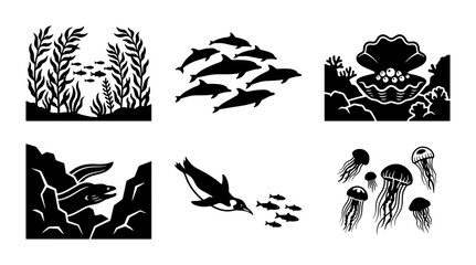 Fototapeta premium Ocean Life Vector Icons: Marine Animals, Coral Reefs, Seaweed, Jellyfish, Dolphins, Penguins, Moray Eel