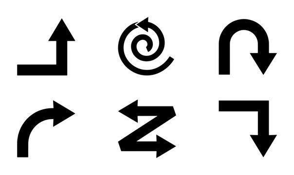 Black Arrow Icons Set: Directional Symbols, Navigation Cursors, Circular Arrows, Turn Signs