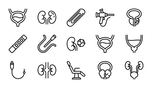 Urology Icons Set: Bladder, Kidney, Medical Equipment, Urology Clinic Vector Graphics