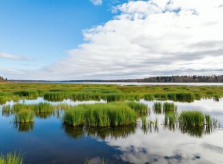 Obraz premium Water landscape with green reeds growing on flooded meadows under blue cloudy sky. Calm lake reflects sky and vegetation. Spring nature revival begins.