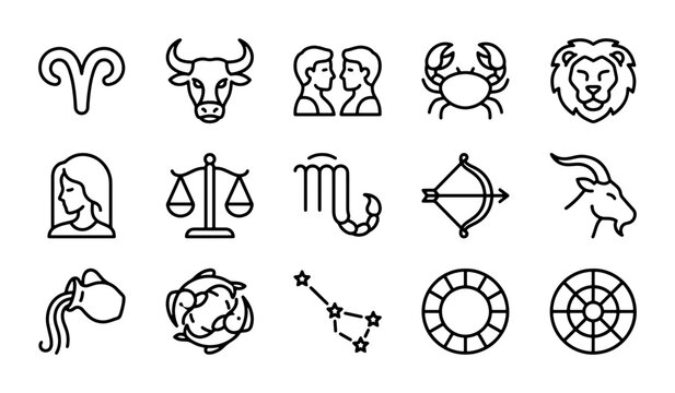 Zodiac Constellation Icons, Astrology Symbols Set, Horoscope Signs Vector Graphics