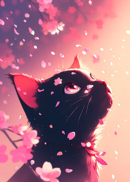 a black cat looking up at pink flowers falling from a tree branch in a studio shot with natural ligh