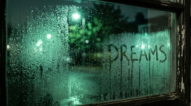 Word Dreams Written on Wet Condensation Window Glass at Night City