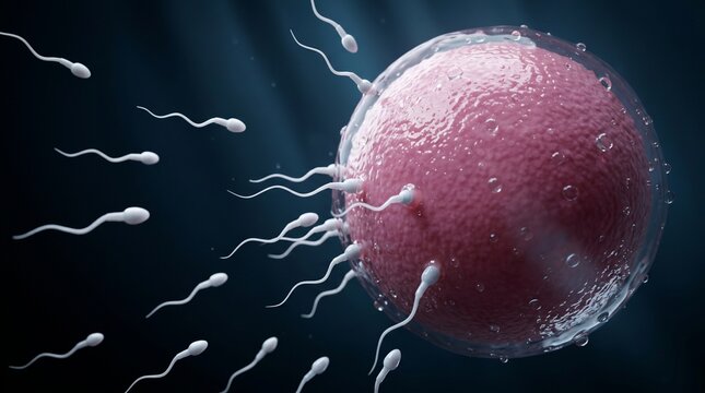 Sperm cells surrounding an egg in a scientific illustration   