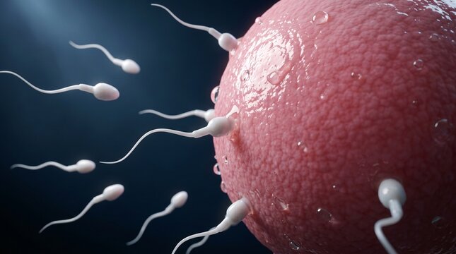 Sperm cells swimming towards an egg in biological reproduction scene  
