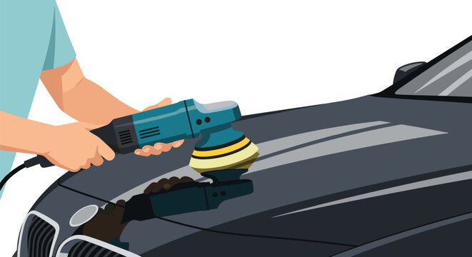 Hands operate a professional blue motorized orbital buffing machine to polish and restore the dark grey painted finish on a luxury vehicle hood in a clean setting.