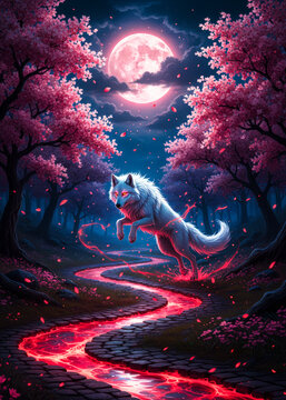 a white wolf standing on a red path under a full moon with pink trees moonlight scene nighttime fant