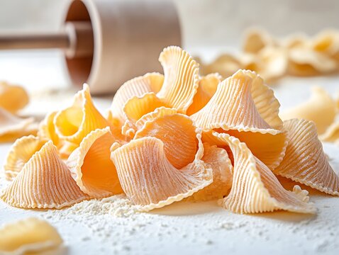 Uncooked conchiglie pasta shells sprinkled with flour on white textured background