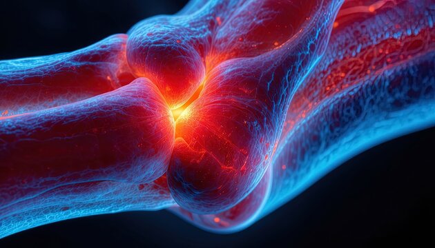 Close up view displays the glowing internal structure of a human joint with illuminated textures.
