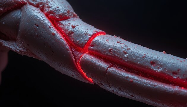 Glowing red cracks divide a textured grey surface in a dark environment.