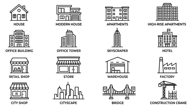 Thin line building icon collection with editable stroke architectural vector symbols