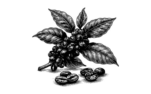Vintage illustration of coffee branch with beans and leaves, detailed engraving style