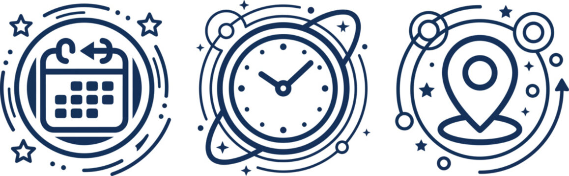 Icons of calendar clock and map pin on white background with space symbols