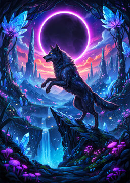 a wolf standing on a rock in a fantasy landscape with a purple moon close up detail view natural lig