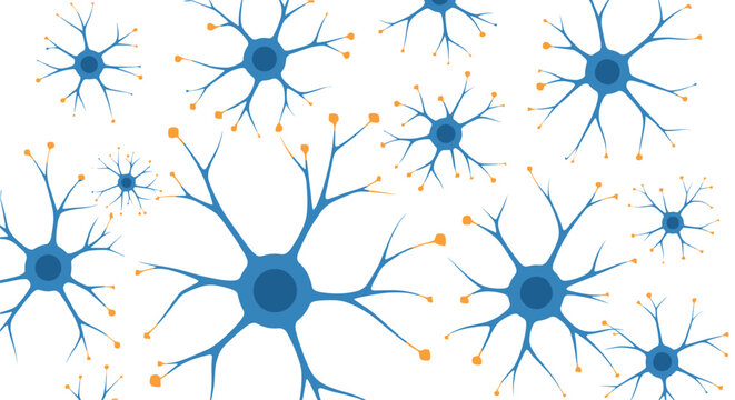 A digital visualization of multiple blue neuron cells with complex branching dendrites and orange synaptic terminals spread across a bright white clear background.