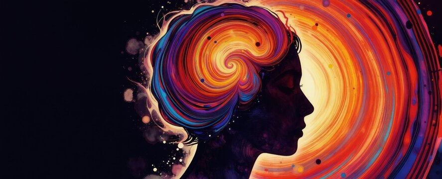 Silhouette profile with vibrant swirling colors inside head. Represents imagination thought and creativity. Abstract art with dynamic energy and inspiration. Bright, colorful, and vivid.