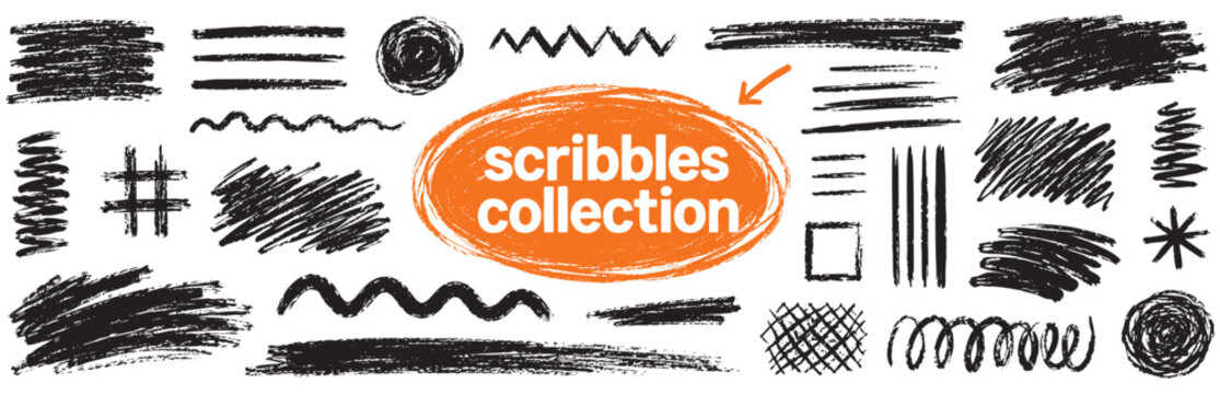 Collection of various hand-drawn charcoal scribbles, textures, lines, and shapes. Artistic design elements for creative projects, isolated on white background.