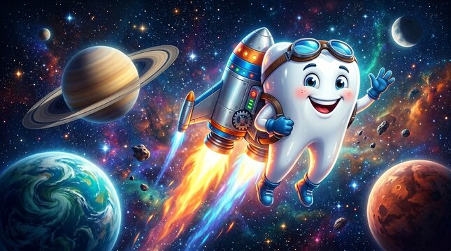 Cartoon tooth character flying with rocket in space background  