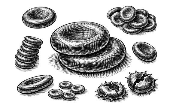 Detailed illustration of red blood cells and abnormal cell shapes in vintage engraving style