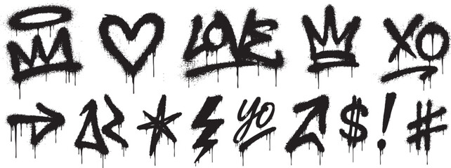 Set of hand-drawn graffiti spray paint elements including crowns, hearts, text, symbols, and arrows. Urban street art style design elements isolated on white background. © Zbrake Studio