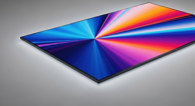 A close-up shot emphasizing the thin profile and bright digital display of a modern television screen resting on a clean surface, vivid, thin, high definition