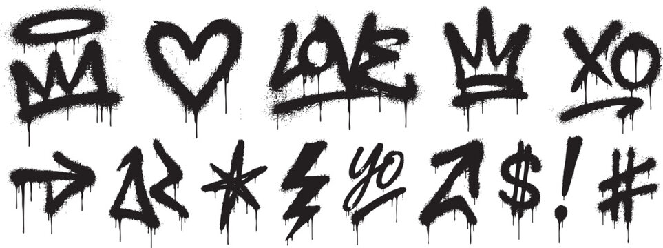 Set of hand-drawn graffiti spray paint elements including crowns, hearts, text, symbols, and arrows. Urban street art style design elements isolated on white background.