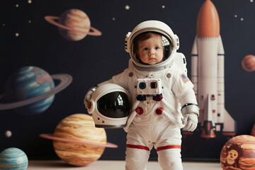 Fototapeta premium Small child dressed as astronaut holding helmet. Baby stands before rocket with planets in background. Future space explorer dreams of cosmic journey and outer worlds.