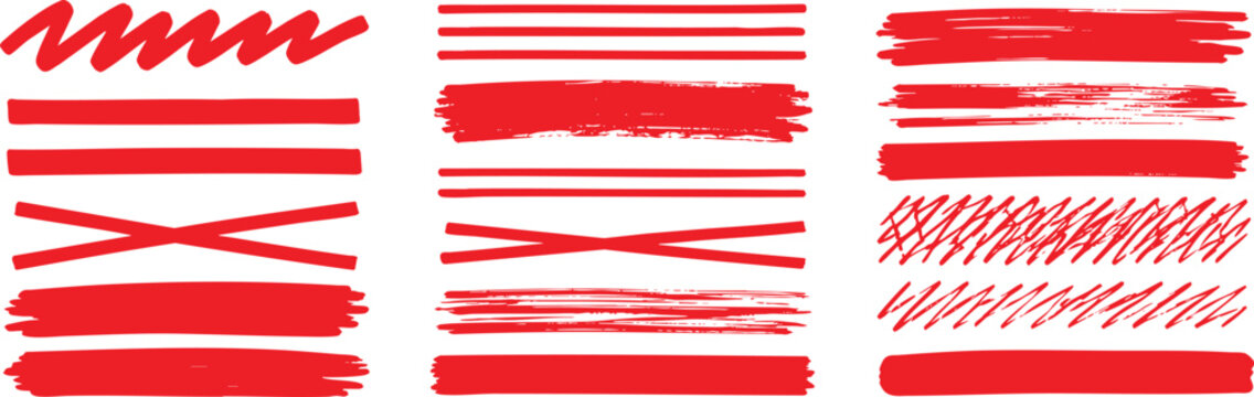 A collection of hand-drawn red brush strokes, marker lines, scribbles, and cross-out marks isolated on white background. Vector design elements.